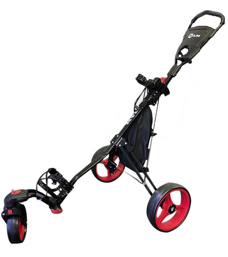 Ram Golf Push Pull 3-Wheel Golf Cart 360 Rotating Front Wheel in black with red wheel details- open view from side