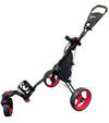 Ram Golf Push Pull 3-Wheel Golf Cart 360 Rotating Front Wheel in black with red wheel details- open view from side
