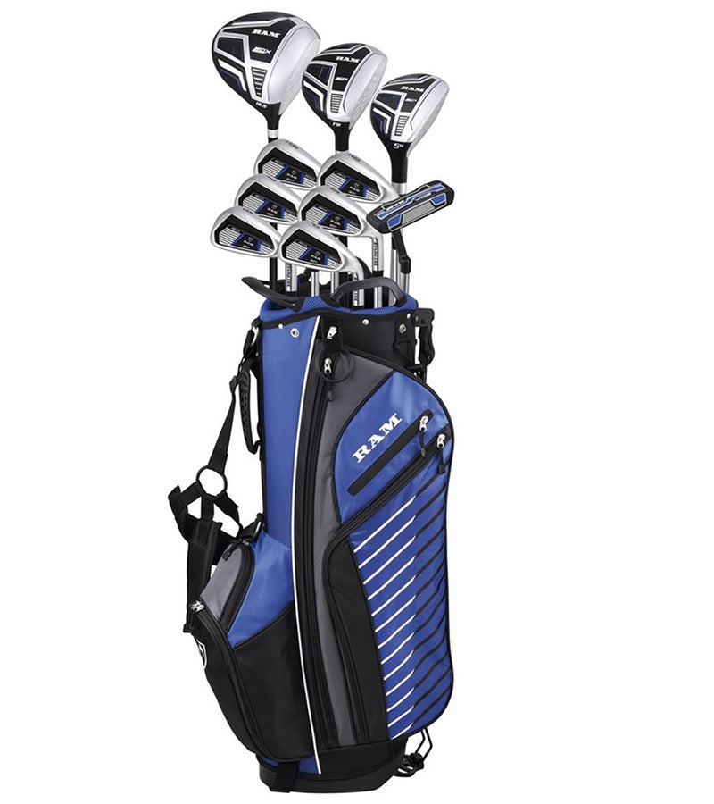 Ram Golf SDX Mens Golf Clubs Set - stand bag with 10 clubs in black with blue & white details / accents