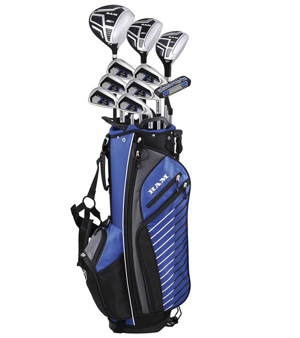 Ram Golf SDX Mens Golf Clubs Set - stand bag with 10 clubs in black with blue & white details / accents