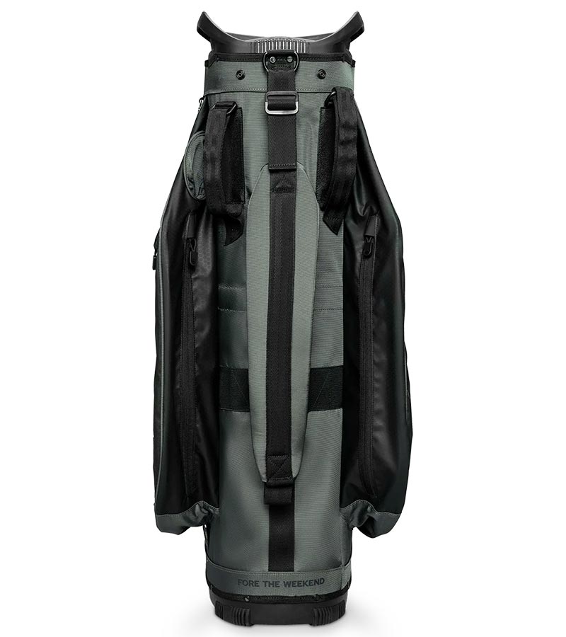 Sunday Golf The Big Rig Golf Cart Bag in Midnight Green– deep greenish base with black accent details - back view with padded strap