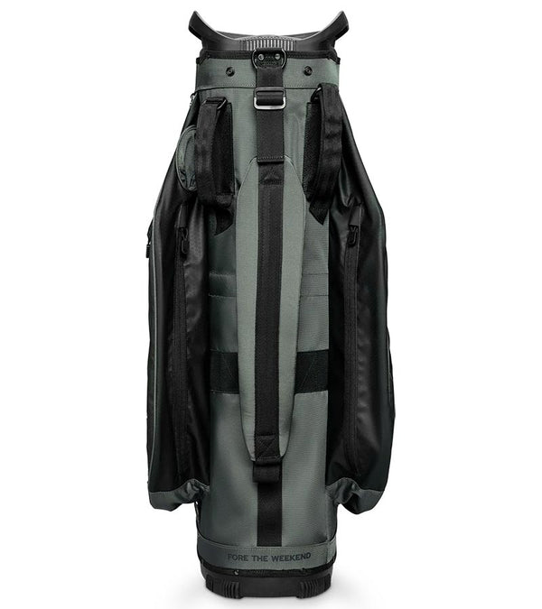 Sunday Golf The Big Rig Golf Cart Bag in Midnight Green– deep greenish base with black accent details - back view with padded strap