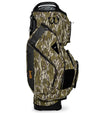 Sunday Golf The Big Rig Golf Cart Bag in Mossy Oak Bottomland Camo with black accents on details like zippers, base and top club divider - side view