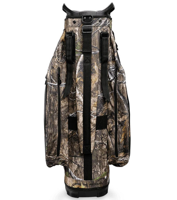 Sunday Golf The Big Rig Golf Cart Bag
in Mossy Oak Country DNA Camo with black detail accents - back view with padded carrying strap.