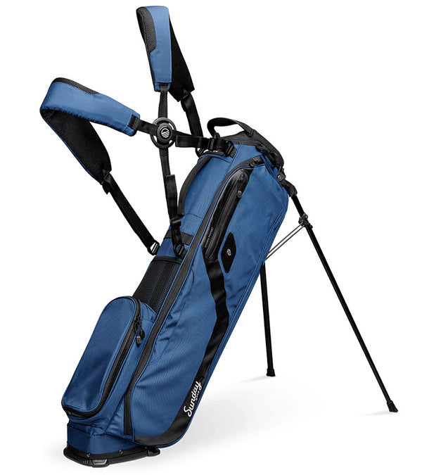 The Sunday Golf El Camino mid-size Stand Golf Bag in Cobalt Blue - legs extended with double carrying straps