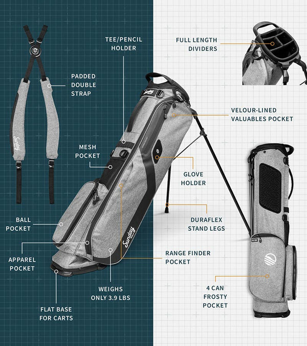The Sunday Golf El Camino mid-size Stand Golf Bag in Heather Gray - showing all details