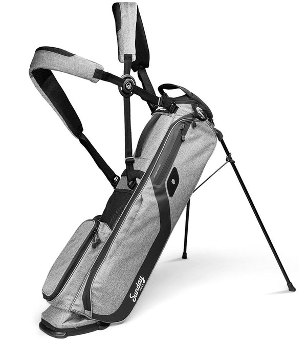 The Sunday Golf El Camino mid-size Stand Golf Bag in Heather Gray - legs extended with double carrying straps