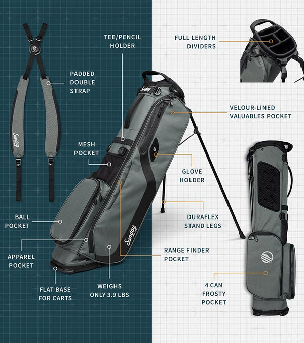 The Sunday Golf El Camino mid-size Stand Golf Bag in Midnight Green - showing all details