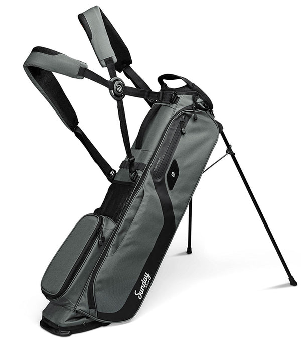 The Sunday Golf El Camino mid-size Stand Golf Bag in Midnight Green - legs extended with double carrying straps