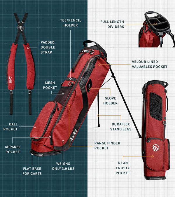 The Sunday Golf El Camino mid-size Stand Golf Bag in Ron Burgundy - showing all details