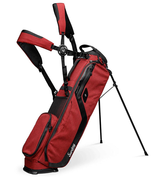 The Sunday Golf El Camino mid-size Stand Golf Bag in Ron Burgundy - legs extended with double carrying straps