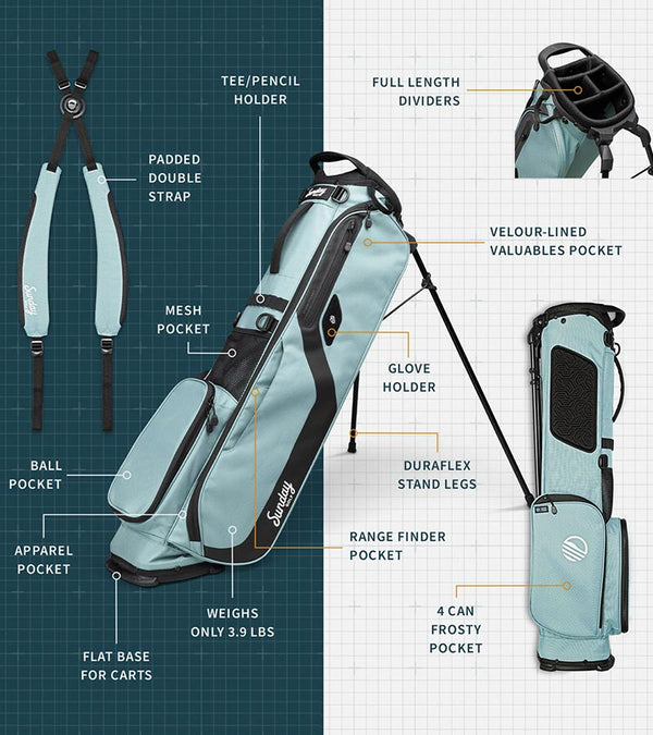 The Sunday Golf El Camino mid-size Stand Golf Bag in Seafoam - showing all details