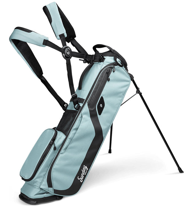 The Sunday Golf El Camino mid-size Stand Golf Bag in Seafoam - legs extended with double carrying straps