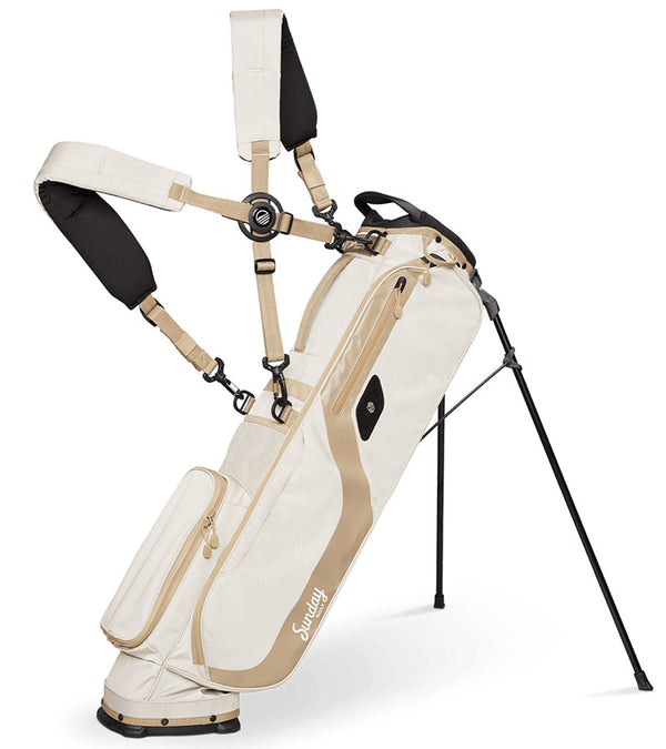 The Sunday Golf El Camino  mid-size Stand Golf Bag in Toasted Almond -- legs extended with double carrying straps