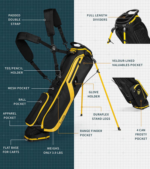 The Sunday Golf El Camino mid-size Stand Golf Bag in Black & Yellow accents - showing all details