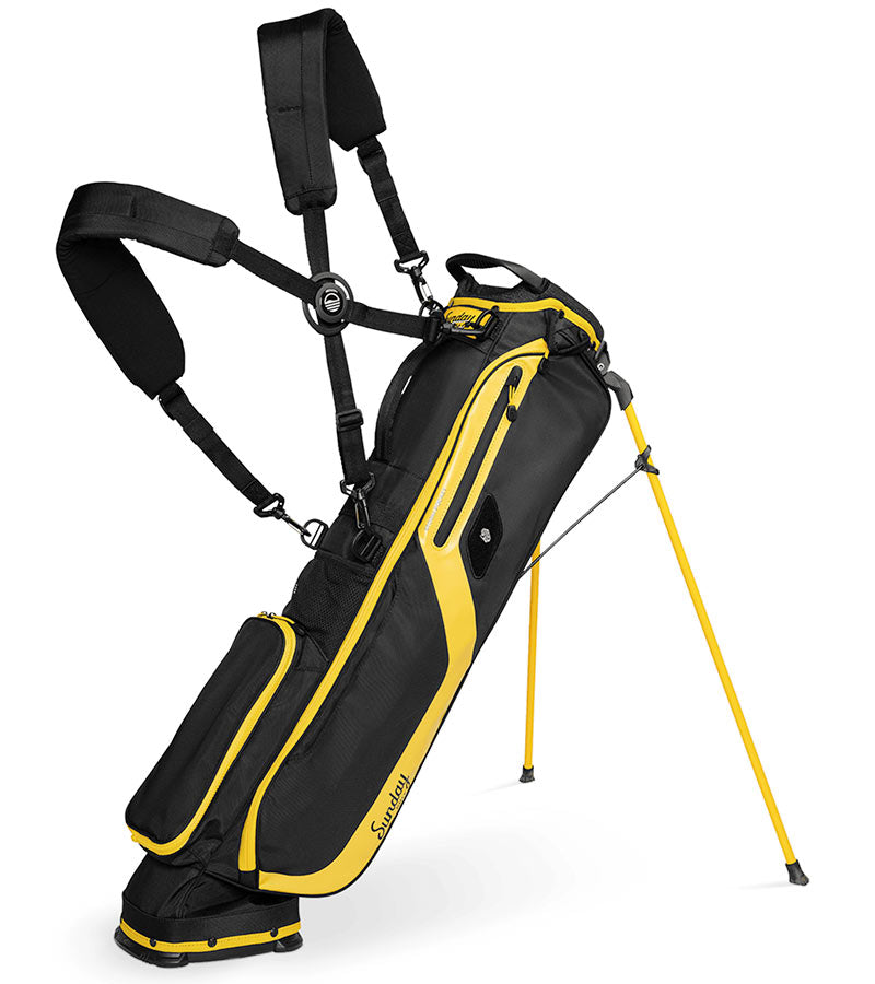 The Sunday Golf El Camino mid-size Stand Golf Bag in Black & Yellow accents- legs extended with double carrying straps.