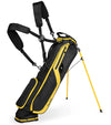 The Sunday Golf El Camino mid-size Stand Golf Bag in Black & Yellow accents- legs extended with double carrying straps.