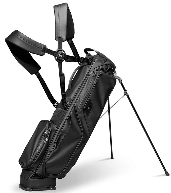 The Sunday Golf El Camino S-Class Mid Size Golf Bag in Black Vegan Leather - legs extended with double carrying straps