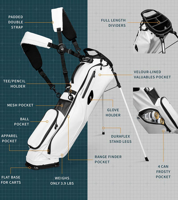 The Sunday Golf El Camino S-Class Mid Size Golf Bag in White Vegan Leather - showing all details