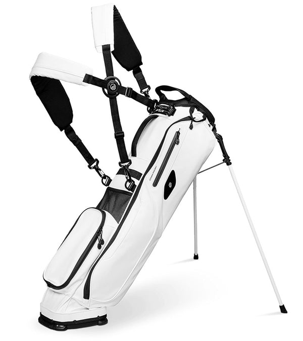 The Sunday Golf El Camino S-Class Mid Size Golf Bag in White Vegan Leather - legs extended with double carrying straps