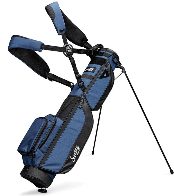 The Sunday Golf Loma XL Carry Bag in Cobalt Blue- legs extended with double carrying straps