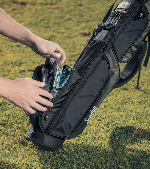 Sunday Golf Loma XL Carry Golf Bag- closeup of 2 can cooler pocket with a water bottle
