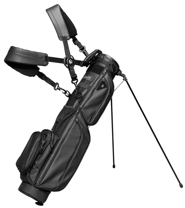 The Sunday Golf Loma XL S Class golf bag in Black Vegan Leather with legs extended & double carrying straps