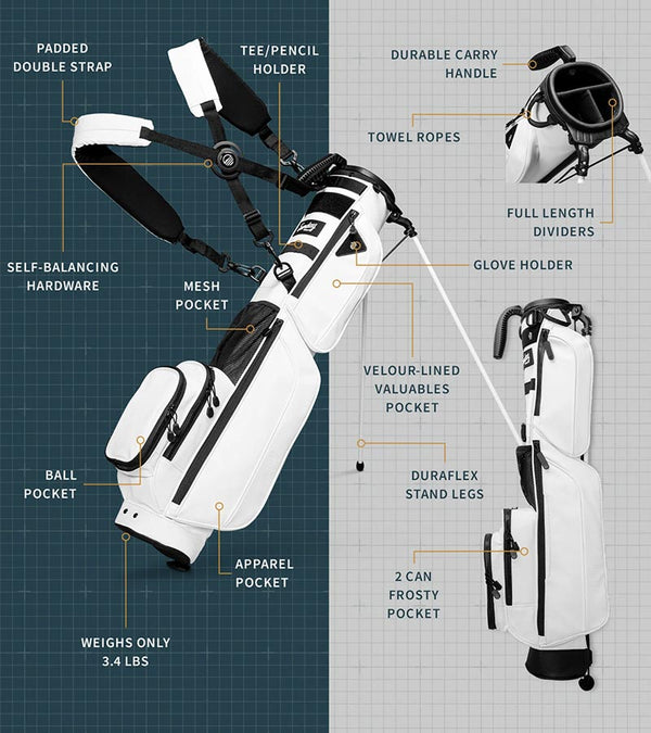 The Sunday Golf Loma XL S Class golf bag in White Vegan Leather - showing all details