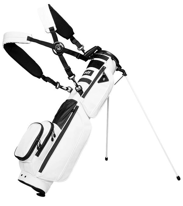 The Sunday Golf Loma XL S Class golf bag in White Vegan Leather - legs extended with double carrying straps