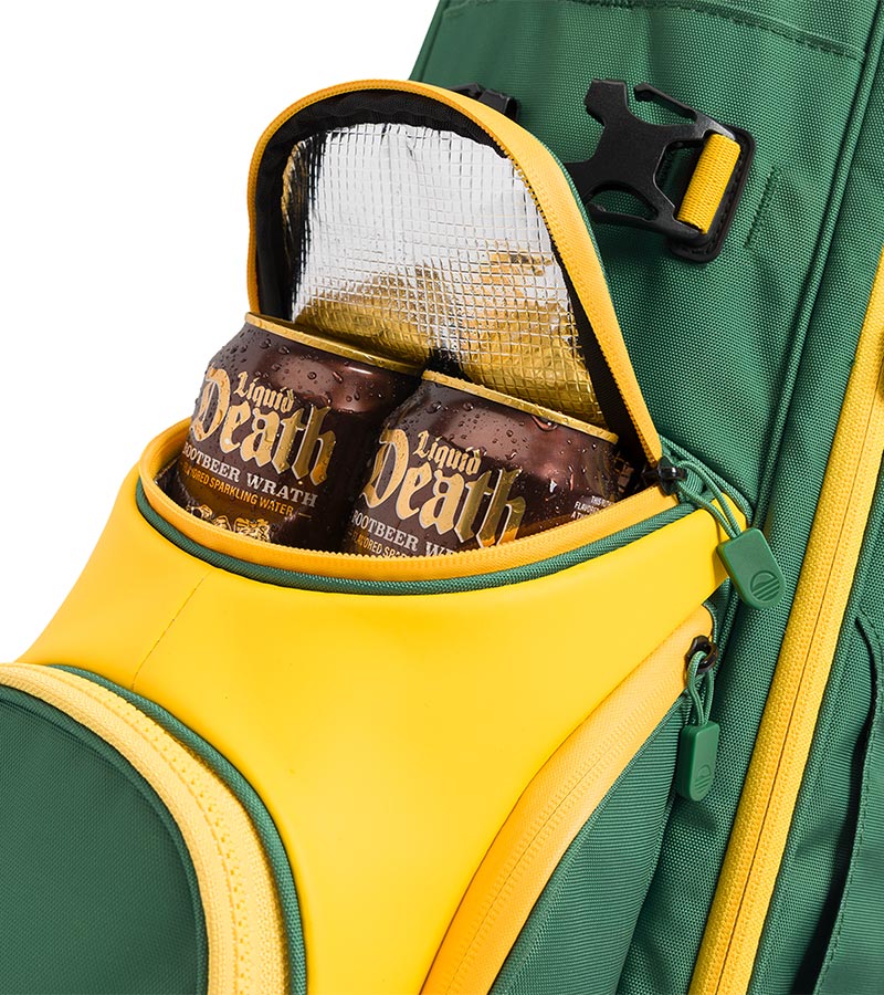 Sunday Golf Ryder Full Size Stand Golf Bag in Augusta (green with yellow accents) - close up of Insulated 4 Can Frosty Pocket