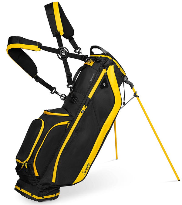 Sunday Golf Ryder Full Size Stand Golf Bag in Yellow & Black with legs extended and a backpack-style double strap system