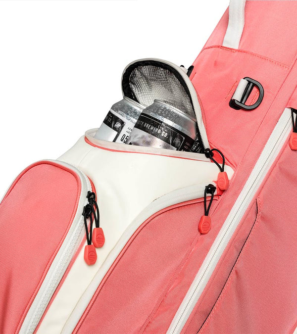 Sunday Golf Ryder Full Size Stand Golf Bag in Coral – close up of Insulated 4 Can Frosty Pocket