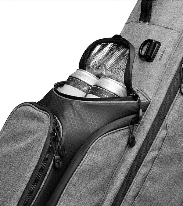 Sunday Golf Ryder Full Size Stand Golf Bag in Heather Gray with black accents – close up of Insulated 4 Can Frosty Pocket