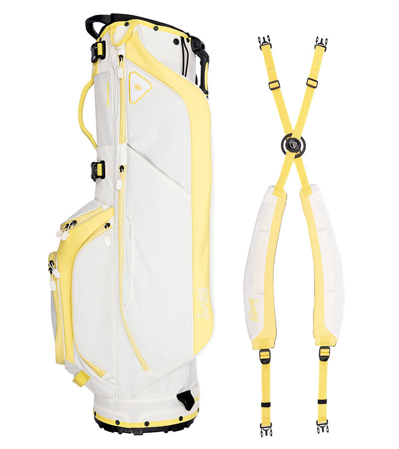 Sunday Golf Ryder Full Size Stand Golf Bag in Mindy Yellow with a backpack-style double strap system