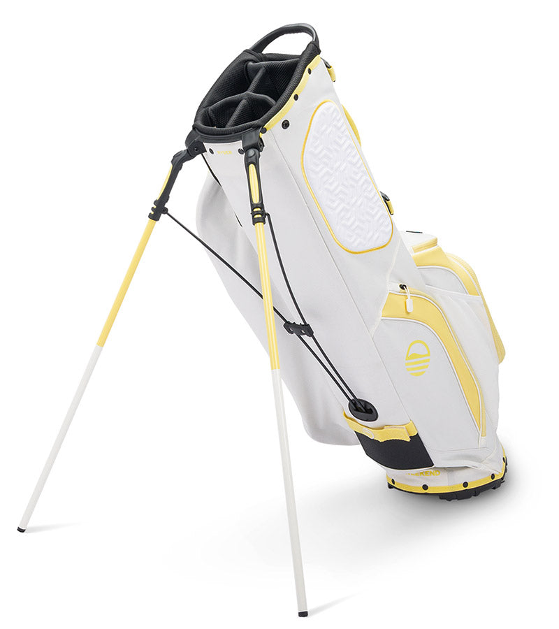 Sunday Golf Ryder Full Size Stand Golf Bag in Mindy Yellow with legs extended - side view