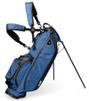 Sunday Golf Ryder Full Size Stand Golf Bag in Navy Blue with legs extended and a backpack-style double strap system