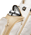 Sunday Golf Ryder Full Size Stand Golf Bag in Toasted Almond with close up of Insulated 4 Can Frosty Pocket