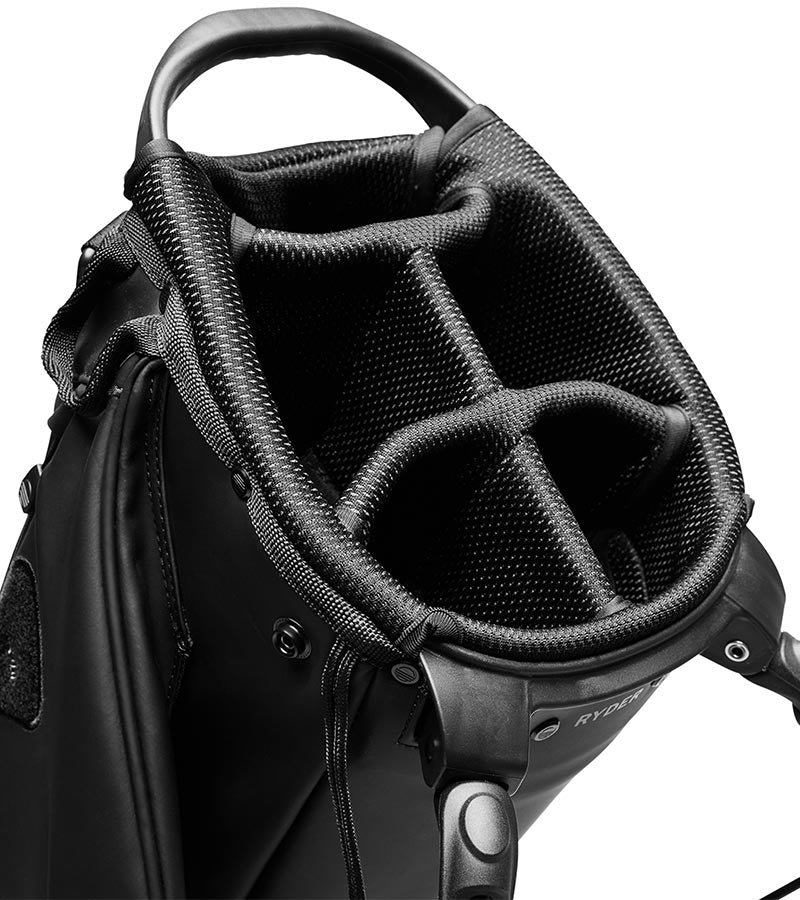 Sunday Golf Ryder S-Class Full Size Stand Golf Bag in Black Vegan Leather - closeup of 5-way top divider