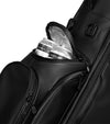 Sunday Golf Ryder S-Class Full Size Stand Golf Bag in Black Vegan Leather – close up of Insulated 4 Can Frosty Pocket