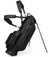 Sunday Golf Ryder S-Class Full Size Stand Golf Bag in Black Vegan Leather with legs extended and a backpack-style double strap system