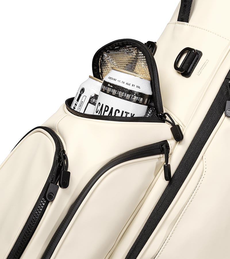 Sunday Golf Ryder S-Class Full Size Stand Golf Bag in Cream Vegan Leather – close up of Insulated 4 Can Frosty Pocket