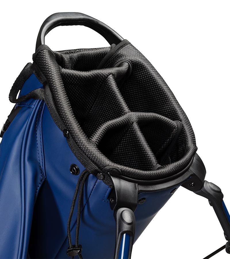 Sunday Golf Ryder S-Class Full Size Stand Golf Bag in Navy Vegan Leather - closeup of 5-way top divider