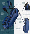 Sunday Golf Ryder S-Class Full Size Stand Golf Bag in Navy Vegan Leather with illustration showing all details.
