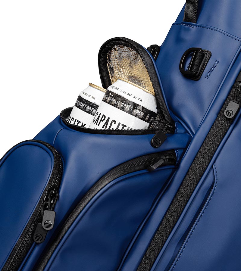 Sunday Golf Ryder S-Class Full Size Stand Golf Bag in Navy Vegan Leather – close up of Insulated 4 Can Frosty Pocket