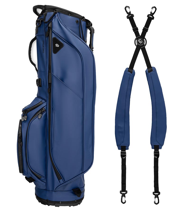 Sunday Golf Ryder S-Class Full Size Stand Golf Bag in Navy Vegan Leather with a backpack-style double strap system