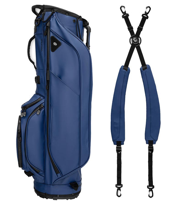 Sunday Golf Ryder S-Class Full Size Stand Golf Bag in Navy Vegan Leather with a backpack-style double strap system
