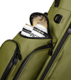 Sunday Golf Ryder S-Class Full Size Stand Golf Bag in Olive Vegan Leather – close up of Insulated 4 Can Frosty Pocket