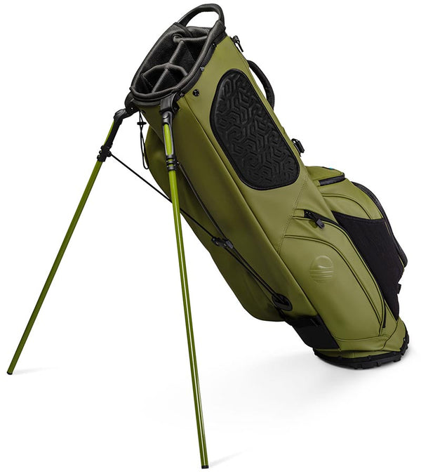Sunday Golf Ryder S-Class Full Size Stand Golf Bag in Olive Vegan Leather with legs extended - side view