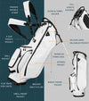 Sunday Golf Ryder S-Class Full Size Stand Golf Bag in White Vegan Leather with illustration showing all details.