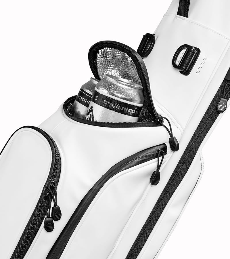 Sunday Golf Ryder S-Class Full Size Stand Golf Bag in White Vegan Leather – close up of Insulated 4 Can Frosty Pocket